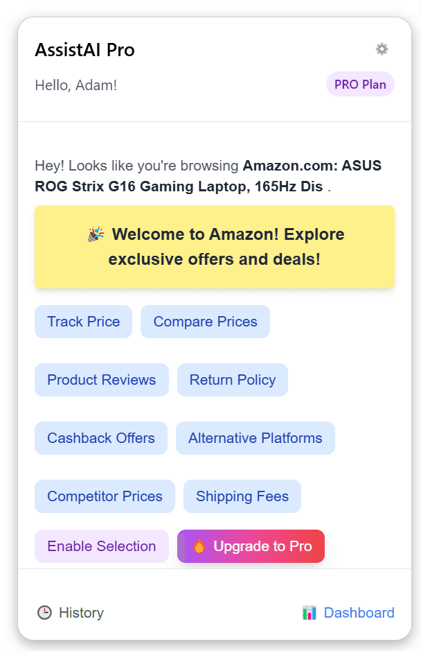 AssistAI Pro Chrome Extension Screenshot - Dashboard showing AI-powered content analysis and smart recommendations
